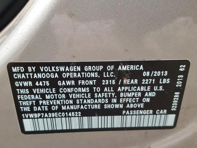 1VWBP7A39EC014522 - 2014 VOLKSWAGEN PASSAT SE GRAY photo 10