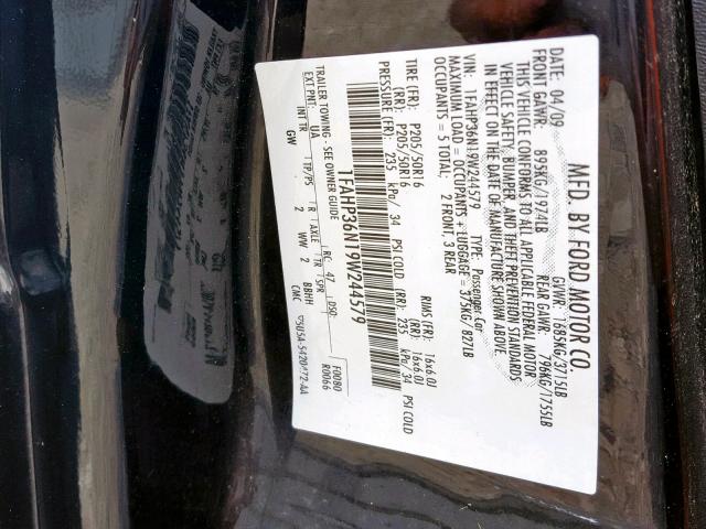 1FAHP36N19W244579 - 2009 FORD FOCUS SES BLACK photo 10