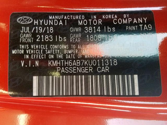 KMHTH6AB7KU011318 - 2019 HYUNDAI VELOSTER T ORANGE photo 10