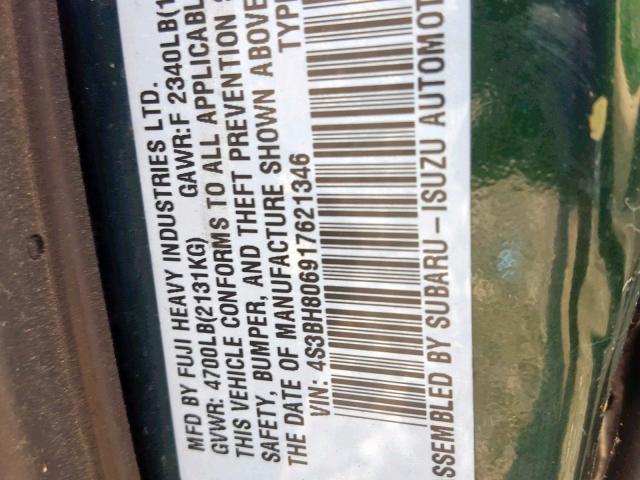 4S3BH806917621346 - 2001 SUBARU LEGACY OUT GREEN photo 10