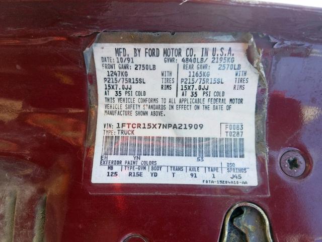 1FTCR15X7NPA21909 - 1992 FORD RANGER SUP BURGUNDY photo 10