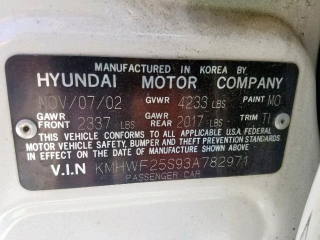 KMHWF25S93A782971 - 2003 HYUNDAI SONATA GL WHITE photo 10