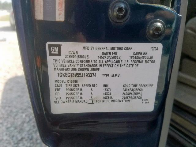 1GKEC13V55J193374 - 2005 GMC YUKON BLUE photo 10