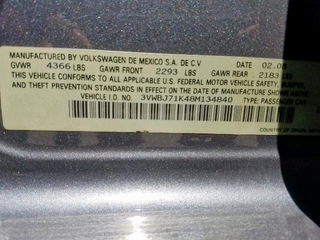 3VWBJ71K48M134840 - 2008 VOLKSWAGEN GLI ნაცრისფერი ფოტო 10