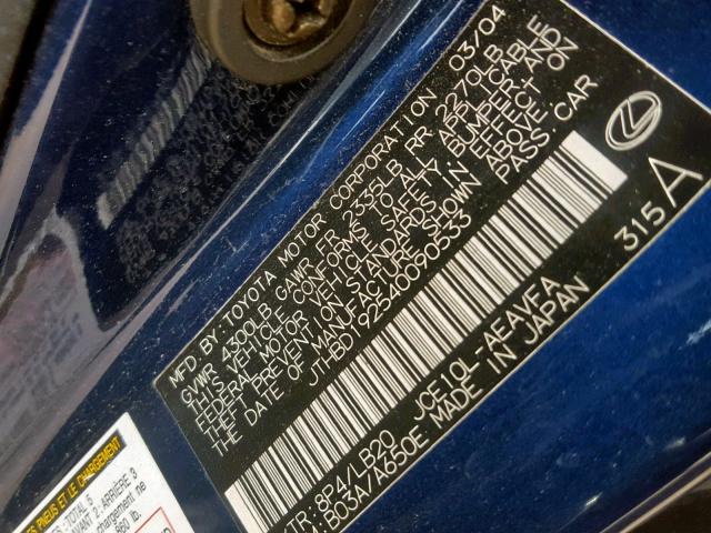 JTHBD192540090533 - 2004 LEXUS IS 300 BLUE photo 10