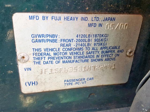 JF1SF63581H722441 - 2001 SUBARU FORESTER L GREEN photo 10