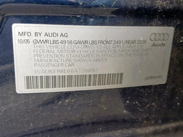 WAUKF98E66A126892 - 2006 AUDI A4 2.0T AV BLUE photo 10