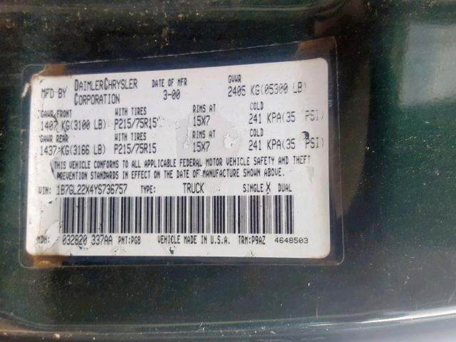 1B7GL22X4YS736757 - 2000 DODGE DAKOTA GREEN photo 10