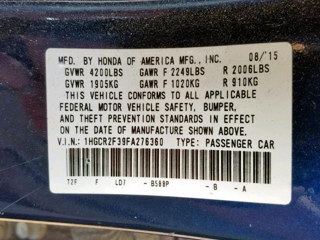 1HGCR2F39FA276360 - 2015 HONDA ACCORD LX BLUE photo 10