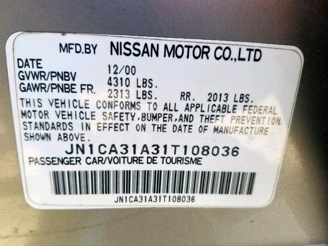 JN1CA31A31T108036 - 2001 NISSAN MAXIMA GXE GOLD photo 10