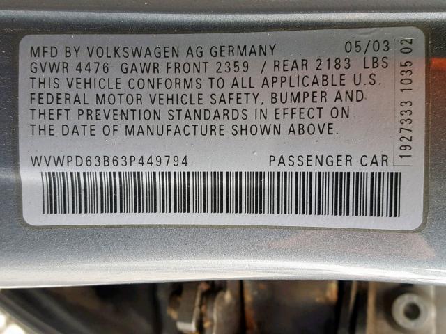 WVWPD63B63P449794 - 2003 VOLKSWAGEN PASSAT GLS GRAY photo 10