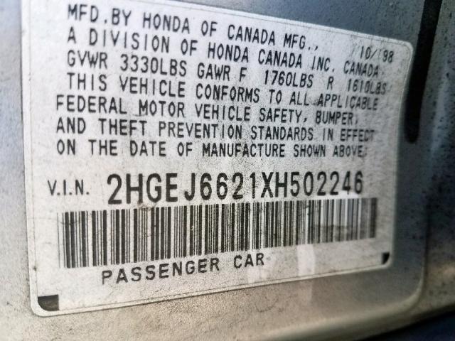 2HGEJ6621XH502246 - 1999 HONDA CIVIC DX SILVER photo 10