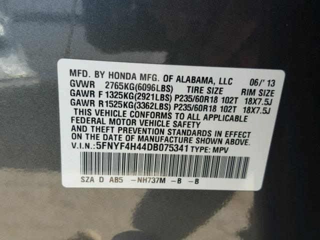 5FNYF4H44DB075341 - 2013 HONDA PILOT EX CHARCOAL photo 10