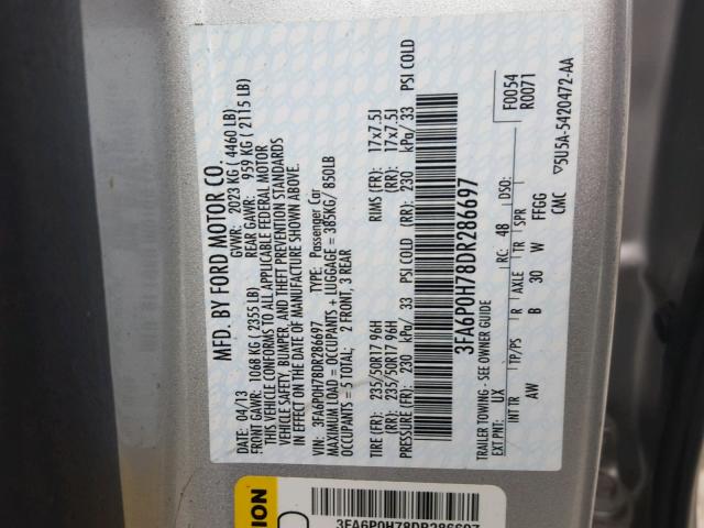 3FA6P0H78DR286697 - 2013 FORD FUSION SE SILVER photo 10