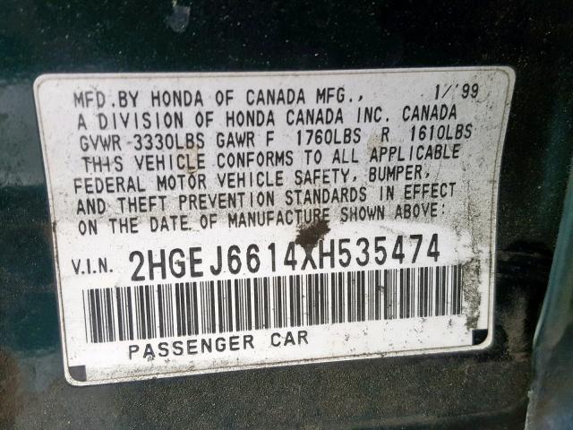 2HGEJ6614XH535474 - 1999 HONDA CIVIC BASE GREEN photo 10