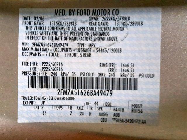 2FMZA51626BA49479 - 2006 FORD FREESTAR S SILVER photo 10