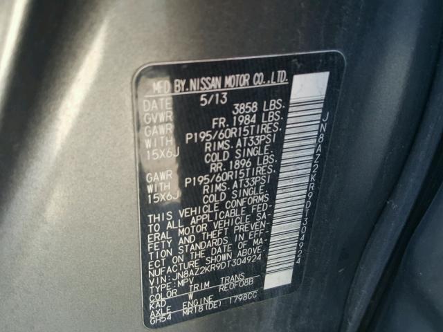 JN8AZ2KR9DT304924 - 2013 NISSAN CUBE S GRAY photo 10