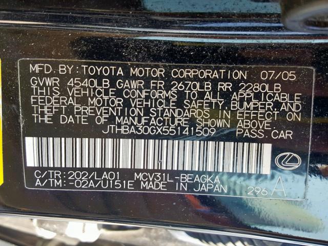 JTHBA30GX55141509 - 2005 LEXUS ES 330 BLACK photo 10