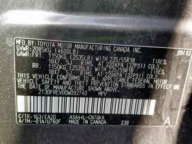 2T3DFREV0DW092740 - 2013 TOYOTA RAV4 LIMIT CHARCOAL photo 10