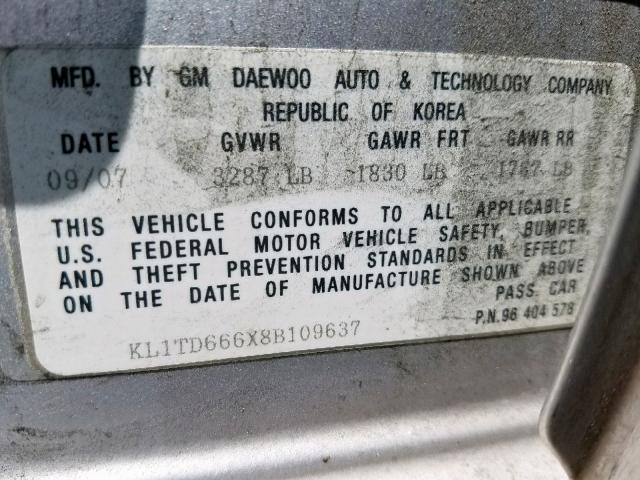 KL1TD666X8B109637 - 2008 CHEVROLET AVEO BASE ვერცხლისფერი ფოტო 10