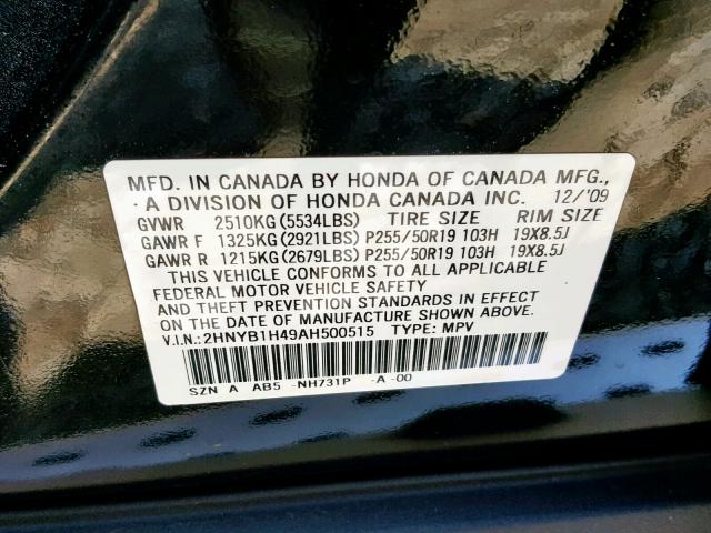 2HNYB1H49AH500515 - 2010 ACURA ZDX TECHNO BLUE photo 10