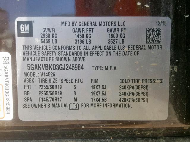 5GAKVBKD3GJ245984 - 2016 BUICK ENCLAVE BROWN photo 10