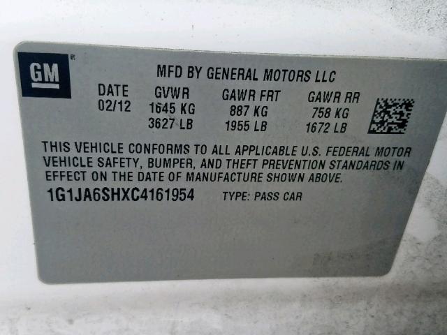 1G1JA6SHXC4161954 - 2012 CHEVROLET SONIC LS 白色 照片 10