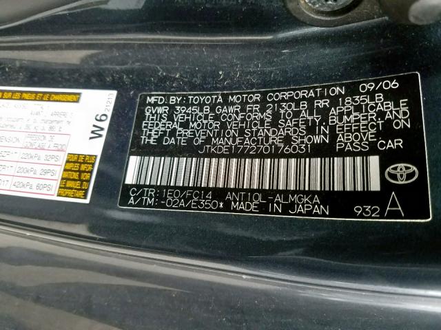 JTKDE177270176031 - 2007 TOYOTA SCION TC ლურჯი ფოტო 10