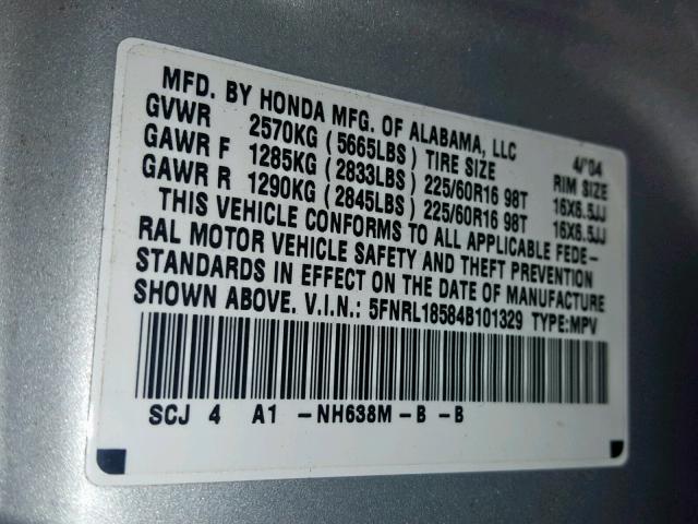 5FNRL18584B101329 - 2004 HONDA ODYSSEY LX SILVER photo 10