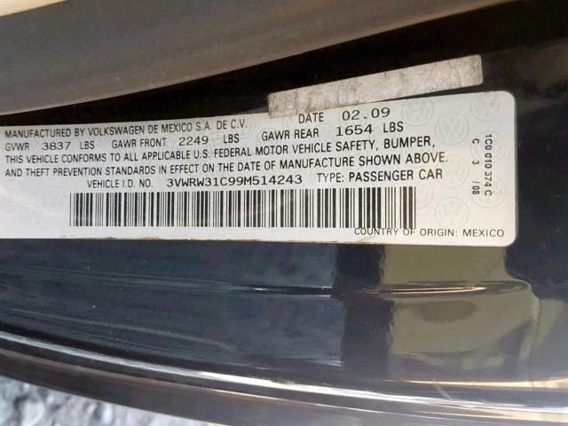 3VWRW31C99M514243 - 2009 VOLKSWAGEN NEW BEETLE 黑色 照片 10