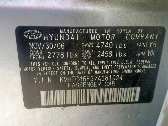 KMHFC46F37A181924 - 2007 HYUNDAI AZERA SE SILVER photo 10