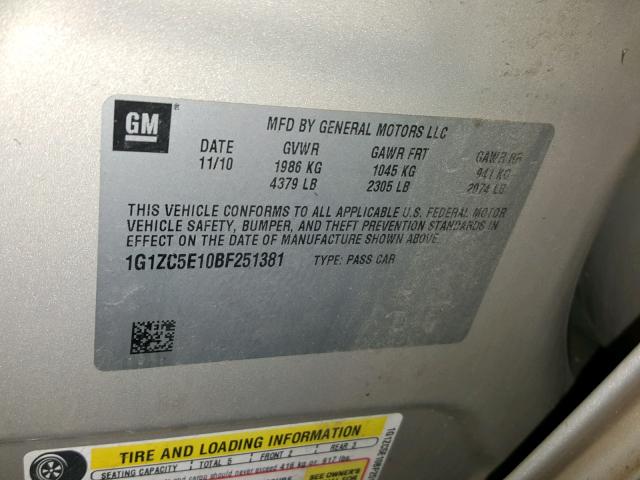 1G1ZC5E10BF251381 - 2011 CHEVROLET MALIBU 1LT 金色 照片 10