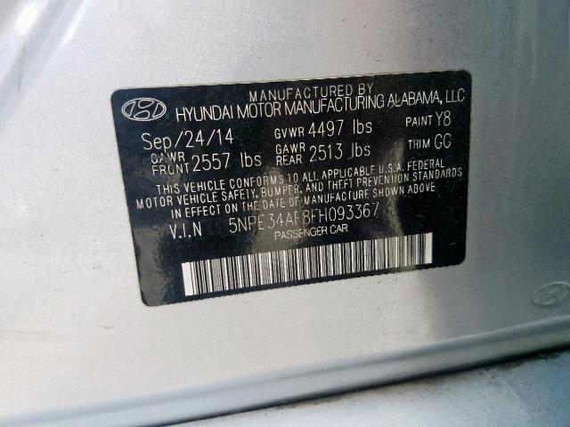 5NPE34AF8FH093367 - 2015 HYUNDAI SONATA SPO SILVER photo 10