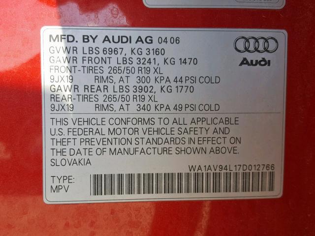 WA1AV94L17D012766 - 2007 AUDI Q7 4.2 QUA RED photo 10