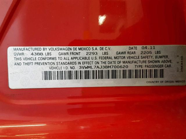 3VWML7AJ3BM700620 - 2011 VOLKSWAGEN JETTA TDI RED photo 10