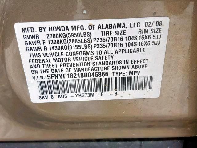 5FNYF18218B046866 - 2008 HONDA PILOT VP GOLD photo 10