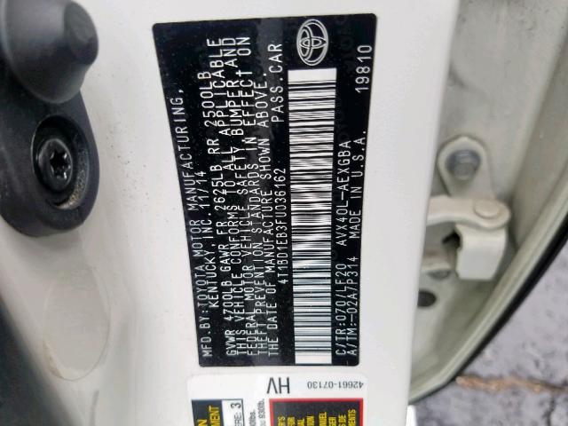 4T1BD1EB3FU036162 - 2015 TOYOTA AVALON HYB WHITE photo 10