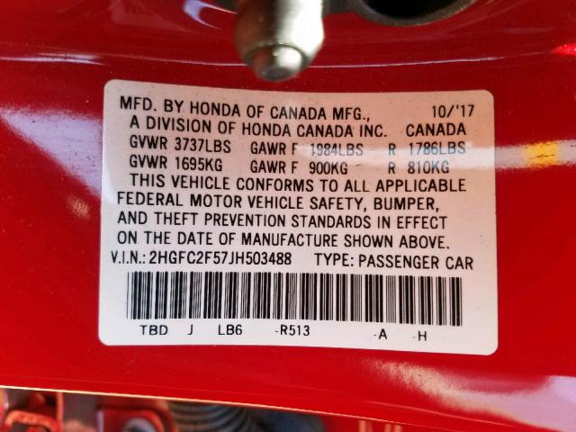 2HGFC2F57JH503488 - 2018 HONDA CIVIC LX RED photo 10