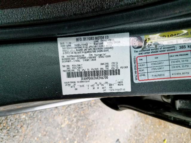 3FAHP0HA2AR246700 - 2010 FORD FUSION SE GRAY photo 10