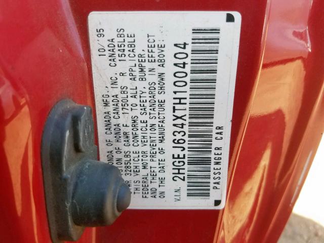 2HGEJ634XTH100404 - 1996 HONDA CIVIC DX RED photo 10