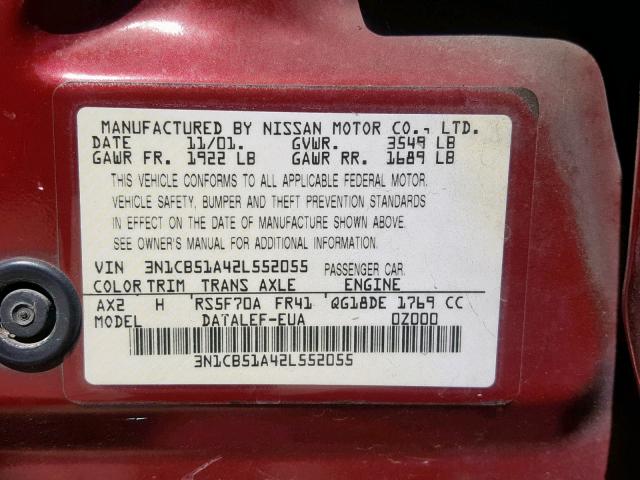 3N1CB51A42L552055 - 2002 NISSAN SENTRA GXE BURGUNDY photo 10