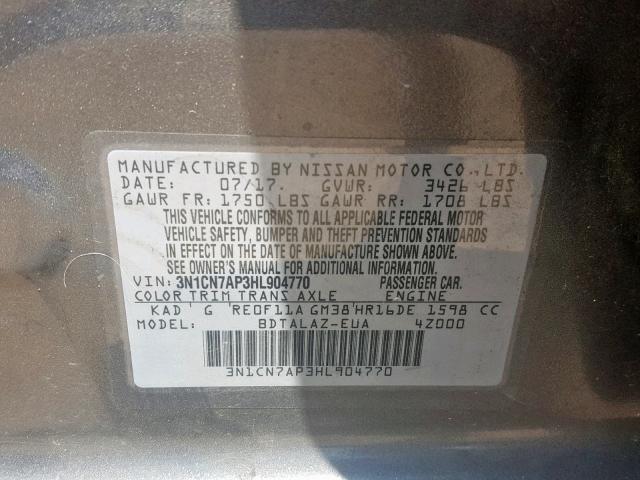 3N1CN7AP3HL904770 - 2017 NISSAN VERSA S GRAY photo 10