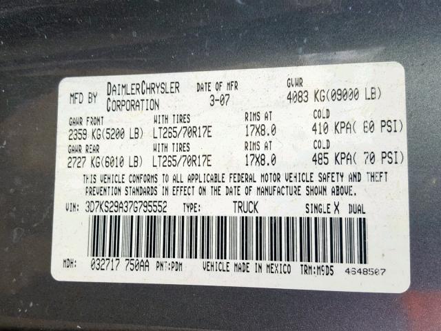 3D7KS29A37G795552 - 2007 DODGE RAM 2500 GRAY photo 10