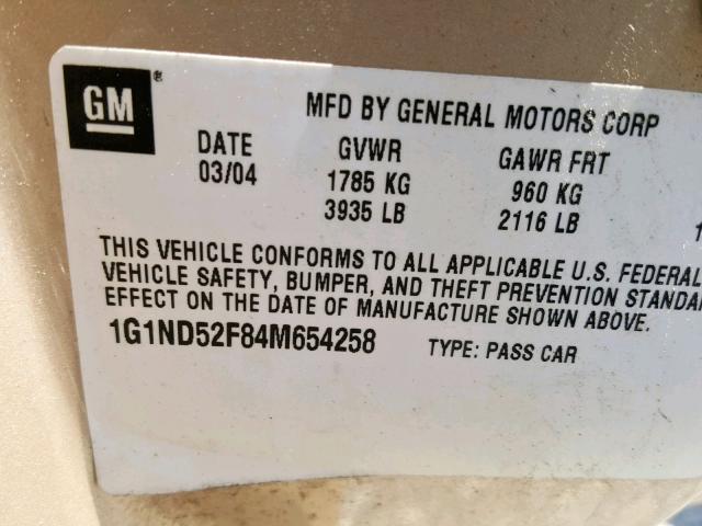 1G1ND52F84M654258 - 2004 CHEVROLET CLASSIC GOLD photo 10