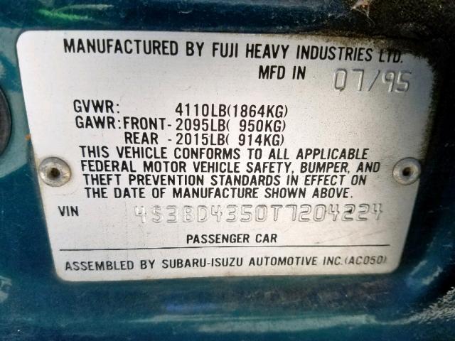 4S3BD4350T7204224 - 1996 SUBARU LEGACY L GREEN photo 10