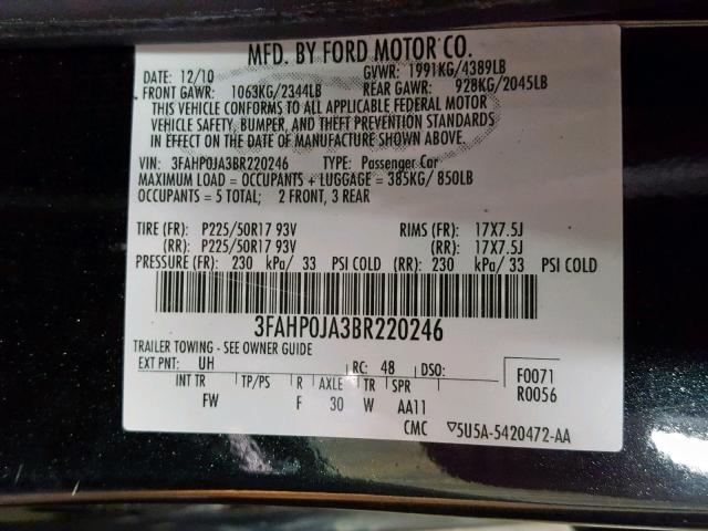 3FAHP0JA3BR220246 - 2011 FORD FUSION SEL BLACK photo 10