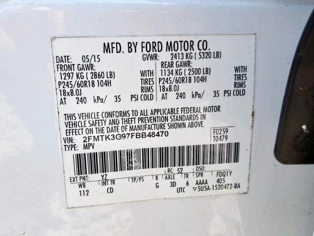 2FMTK3G97FBB48470 - 2015 FORD EDGE SE WHITE photo 10