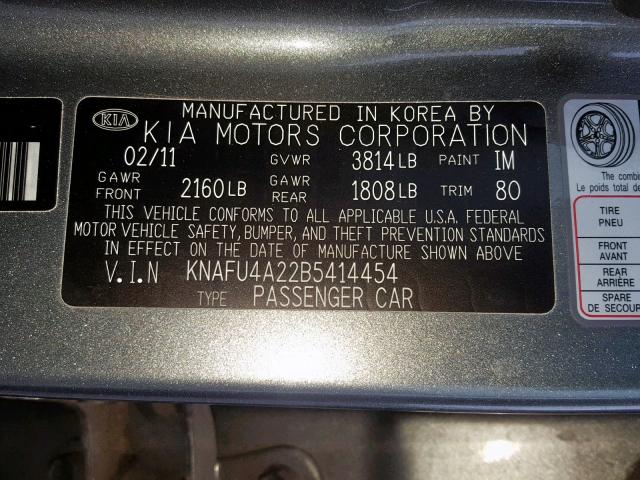 KNAFU4A22B5414454 - 2011 KIA FORTE EX GRAY photo 10