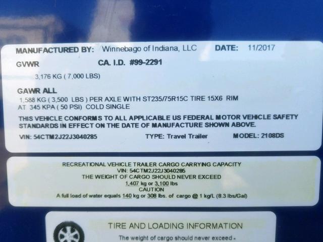 54CTM2J22J3040285 - 2018 WINNEBAGO MICRO MINI BLUE photo 10