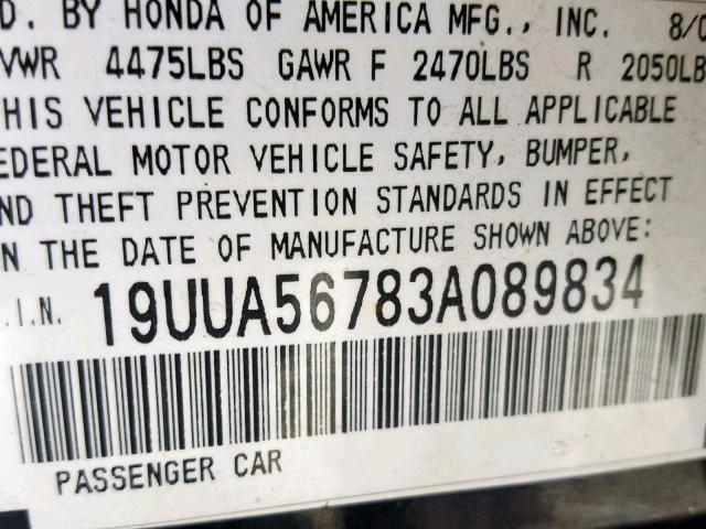 19UUA56783A089834 - 2003 ACURA 3.2TL BLACK photo 10